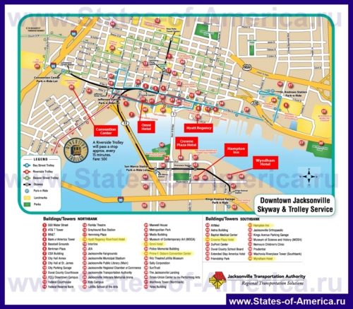 Туристическая карта Джексонвилла с отелями и достопримечательностями