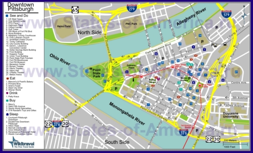 Туристическая карта Питсбурга с отелями, достопримечательностями, ресторанами и магазинами