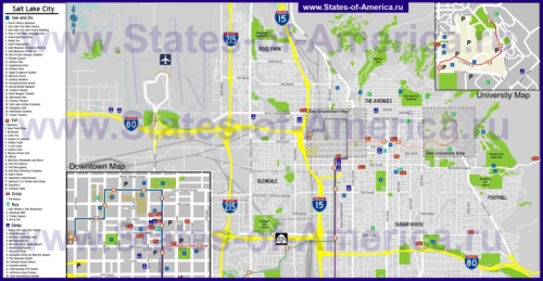 Туристическая карта Солт-Лейк-Сити с отелями, достопримечательностями, ресторанами и магазинами
