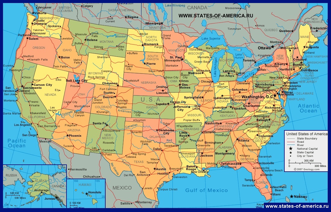 Карты США. Подробная карта США на русском. Карты Соединенных Штатов Америкипо штатам.