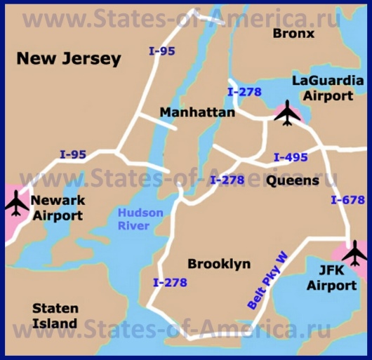 Аэропорты Нью-Йорка на карте